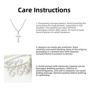 Detailed close-up of stainless steel alphabet rings and cross necklace with care guide