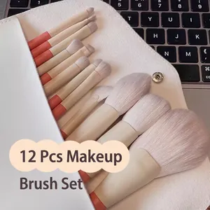 12-teiliges Make-up-Pinsel-Set in Creme mit Tasche für professionelle Gesichtskosmetik