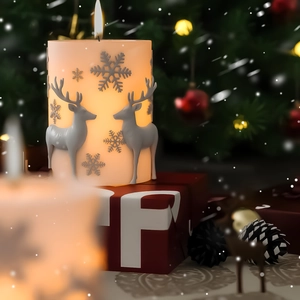 Nahaufnahme einer weißen Kerze mit Elch-Prägung, Schneeflocken und warmem LED-Lichteffekt