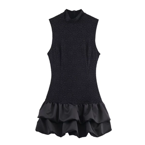 Mini Dress Lace Satin Patchwork Sleeveless High Neck Elegant Cocktail Party Socialite Fashion For Women