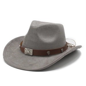 Detail of gray felt cowboy hat featuring brown leather band and silver embossed metal buckle