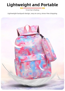 Detailed view of lightweight pink and blue galaxy print school backpack with matching pouch