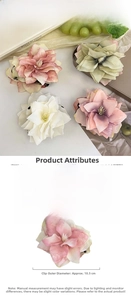 Detail showing 10.5cm diameter fabric flower hair claw and precise product dimensions