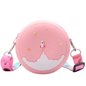 Detail of pink silicone donut bag with 3D rocket emboss and colorful strap