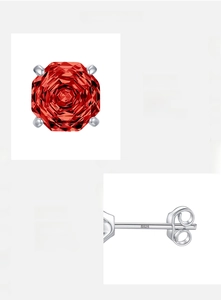 Detail of S925 sterling silver earring featuring red octagonal cut cubic zirconia