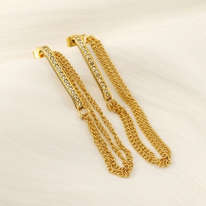 Vintage style gold-plated titanium steel fringe tassel earrings with sparkling zircon inlay