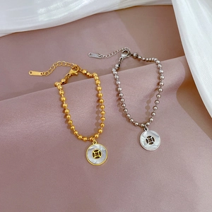 Minimalist titanium steel bead bracelet with coin shell pendant in gold and silver finish