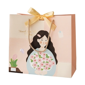 Pink Teacher appreciation gift bag with floral illustration and yellow ribbon bow