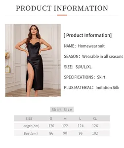 Detailed size chart for women's imitation silk slip nightgown showing S to XL measurements