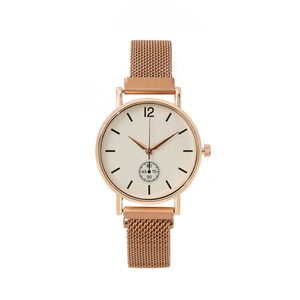 Elegant rose gold women's watch with Milanese mesh strap and minimalist sub-dial face