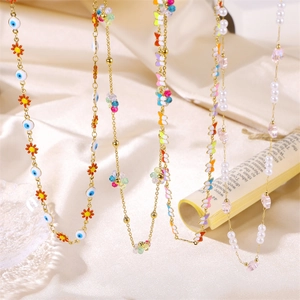 Butterfly Pendant Necklace Stainless Steel Enamel Daisy Evil Eye Flower Faux Artificial Pearl Jewelry For Women