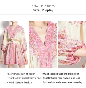 Detailed views of a V-neck floral mini dress with lantern sleeves and a belted waist
