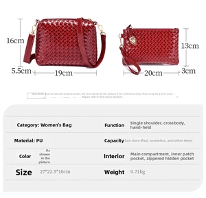 Detail view of red woven texture handbag set showing dimensions and crossbody strap