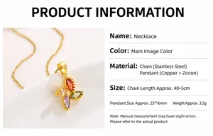 Detail of colorful zircon butterfly pendant with dimensions and stainless steel chain