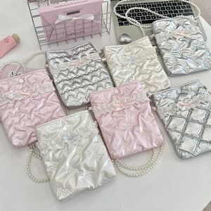 Mini borse a tracolla trapuntate in PU con fiocco e catena di perle in rosa e argento