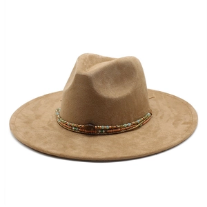 Retro khaki faux suede fedora hat with bohemian turquoise beaded band for women