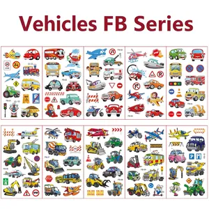 Detailed sheet collection of 10 waterproof cartoon vehicle tattoos for children