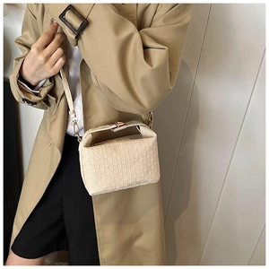 Detail of beige woven mini satchel bag with gold buckle on model wearing trench coat