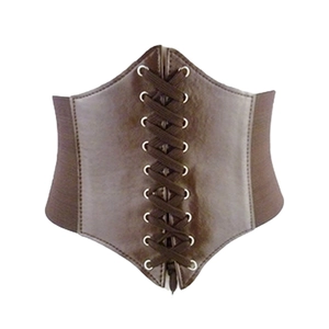 Plus size brown corset waist belt with elastic bands and crisscross lace-up design