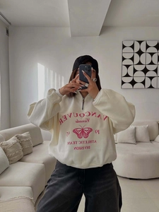 Sweat-Shirt À Col Montant Demi-Zip Pour Femme Coton Imprimé Papillon Vancouver Rétro Américain Haut Surdimensionné Casual