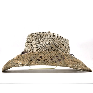 Handwoven natural straw western cowboy hat with breathable hollow knit and wide wavy brim