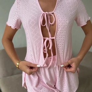 Pajama Top And Shorts Eyelet Lace Short Sleeve Tie Front Cardigan Women Loungewear Vacation Hollow Out Casual