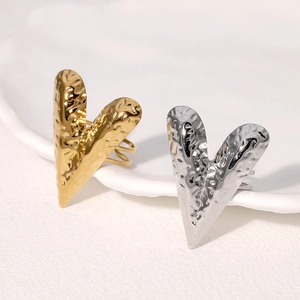 Heart Shaped Hammered Texture Open Ring Stainless Steel Gold Plated Statement Jewelry For Women