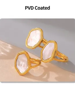 Detailed PVD plated finish on geometric 18k gold ring with white mother-of-pearl