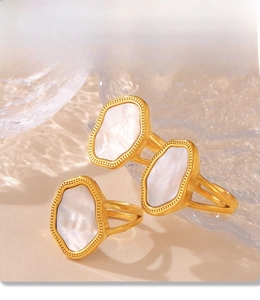 Detailed PVD plated finish on geometric 18k gold ring with white mother-of-pearl