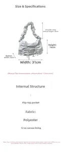 Detailed dimensions and material view of striped shoulder bag with canvas lining