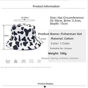 Detailed product size guide and cotton material info for the cow print bucket hat