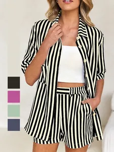 Ensemble Chemise Et Short À Rayures Tenue De Vacances Été Décontractée Femme Haut À Boutons Manches Courtes Chic