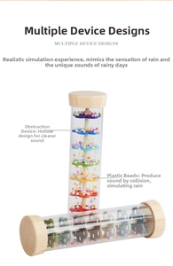 Detail of wooden ends and colorful plastic beads inside the rainbow rainmaker toy