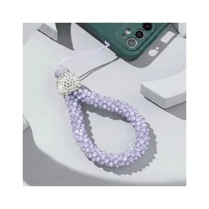 Handcrafted purple beaded wrist strap with rhinestone bead charm for phone cases