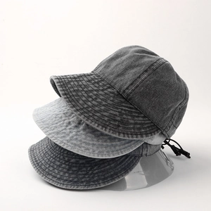 Three washed denim caps in grey tones featuring adjustable windproof drawstrings