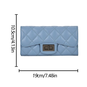 Blue quilted faux leather wallet with gold metal turn-lock closure and elegant stitching