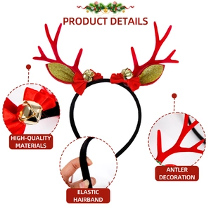 Detail view of red Christmas antler headband with gold bells and elastic band features