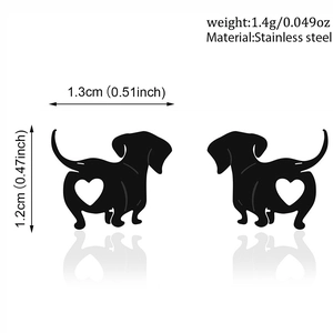 Waterproof stainless steel dachshund dog stud earrings with heart cutout and 1.4g weight
