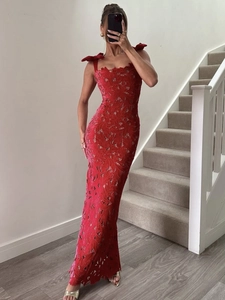 Elegant Lace Hollow Out Maxi Dress Women Bow Tie Straps Slim Fit Sleeveless Evening Party Wedding Gown Dress