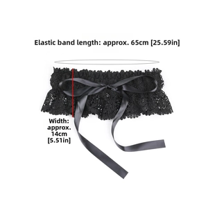 Detailed dimensions of black floral lace waist belt with silk bow and elastic band