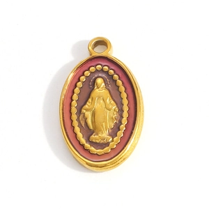 Religious Mother Mary oval pendant in 18K gold finish with purple enamel and cross details