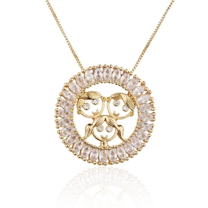 Collier Pendentif Rond Cuivre Plaqué Or 18K Marquise Zircone Dessin Animé Enfant Garçon Fille Creux Famille Thème Bijoux