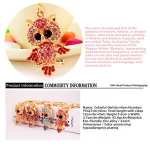 Detailed size chart for rhinestone owl keychain in gold, purple, blue, and red colors