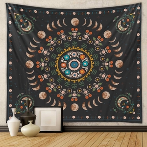 Bohemian floral moon phase tapestry on wall with mandala design for room decor