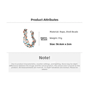 Detailed view of multilayer shell bead necklace with dimensions and weight specs