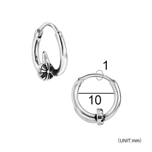 Detailed size chart for vintage silver hoop earrings showing 10mm inner diameter and thickness