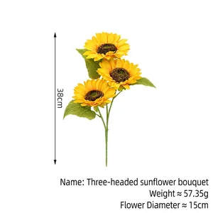 Realistic artificial sunflower bouquet with three heads for home decor and photography