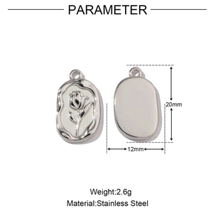 Polished stainless steel oval pendant with rose relief and size dimensions 20x12mm