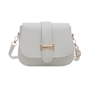 Minimalist white semi-circle crossbody bag with gold metal buckle and adjustable strap