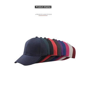 Variety of 9 colored cotton baseball caps displayed in a tiered arrangement on white